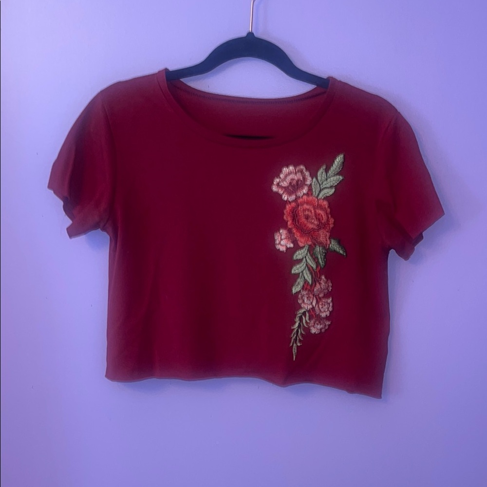 Floral Embroidered Red Crop Top